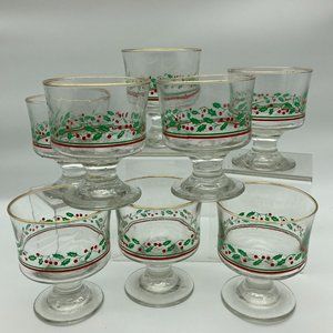 Vtg. Set of 8 Christmas Libby Arby's Holly Berries Sherbert Glass Cups Gold Rim